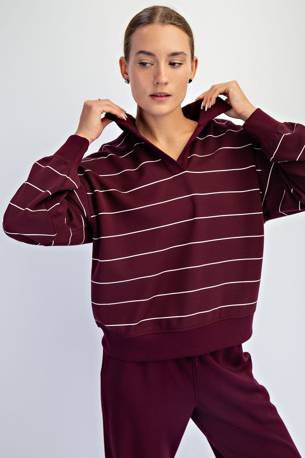 Modal Scuba Stripe Polo Sweatshirt (Dark Cherry/Cream or Regency Green/Cream Stripe)