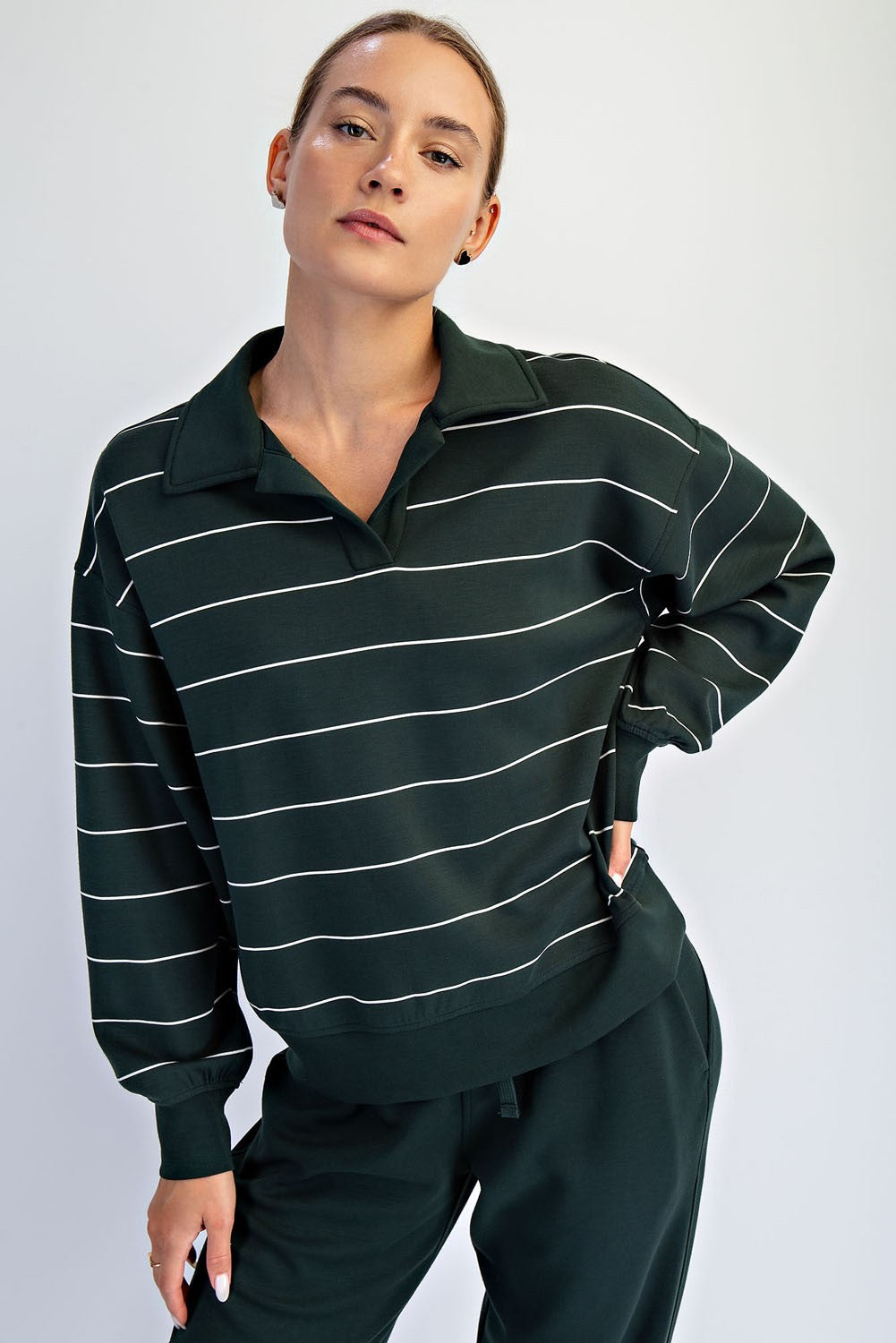 Modal Scuba Stripe Polo Sweatshirt (Dark Cherry/Cream or Regency Green/Cream Stripe)