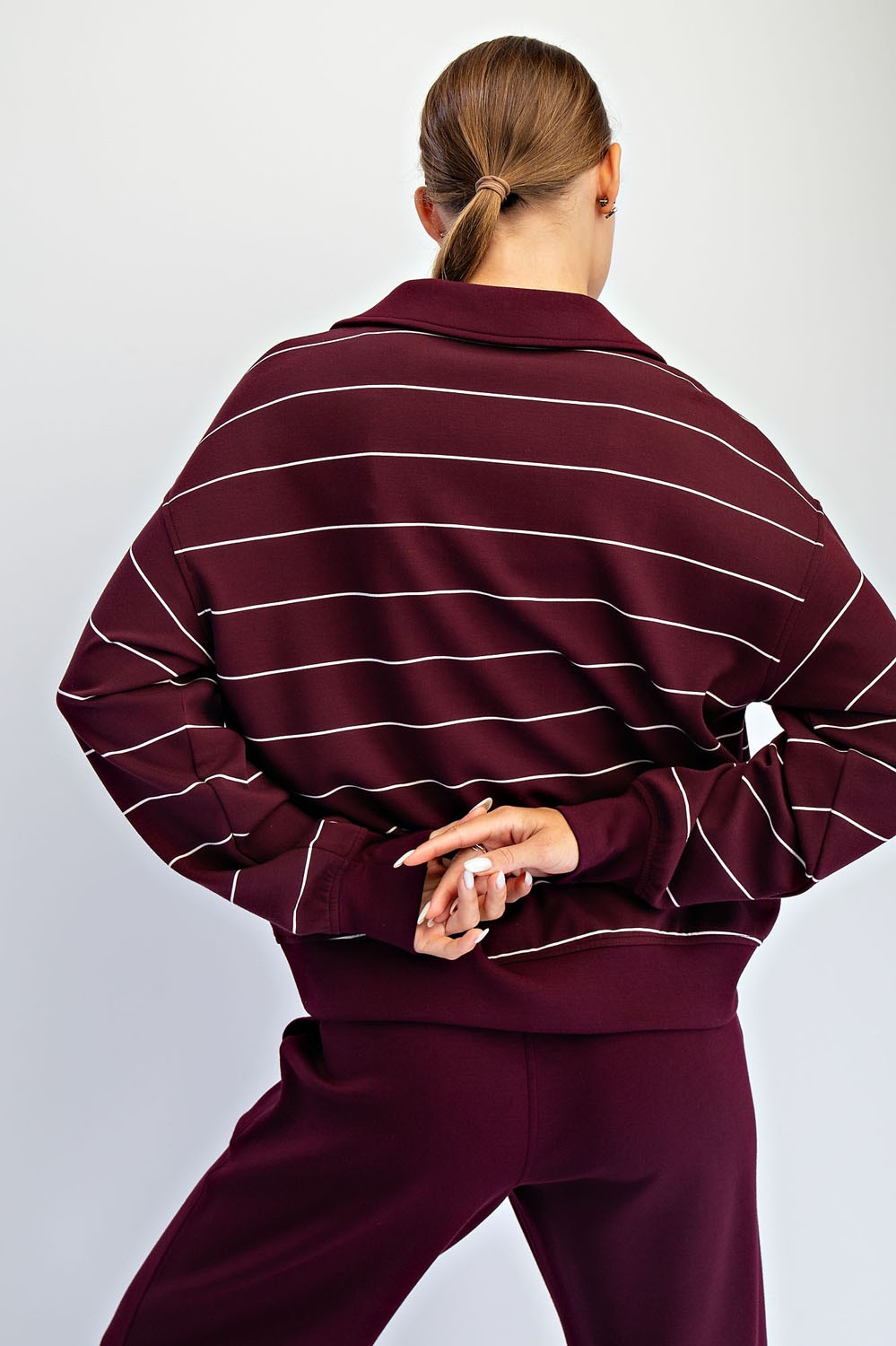 Modal Scuba Stripe Polo Sweatshirt (Dark Cherry/Cream or Regency Green/Cream Stripe)