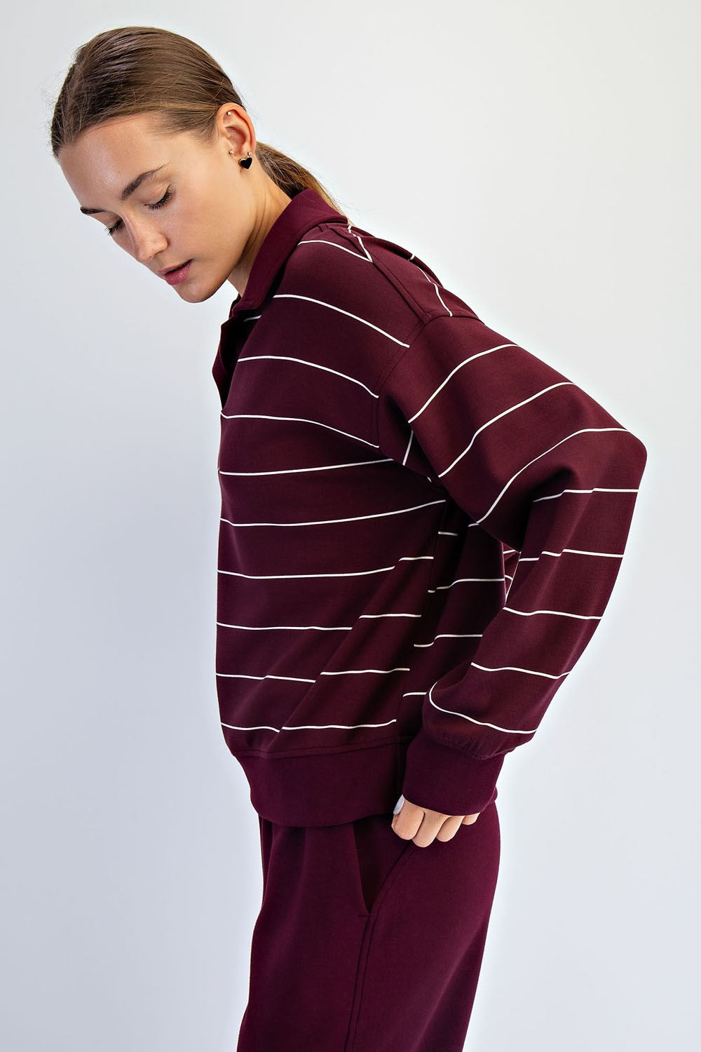 Modal Scuba Stripe Polo Sweatshirt (Dark Cherry/Cream or Regency Green/Cream Stripe)