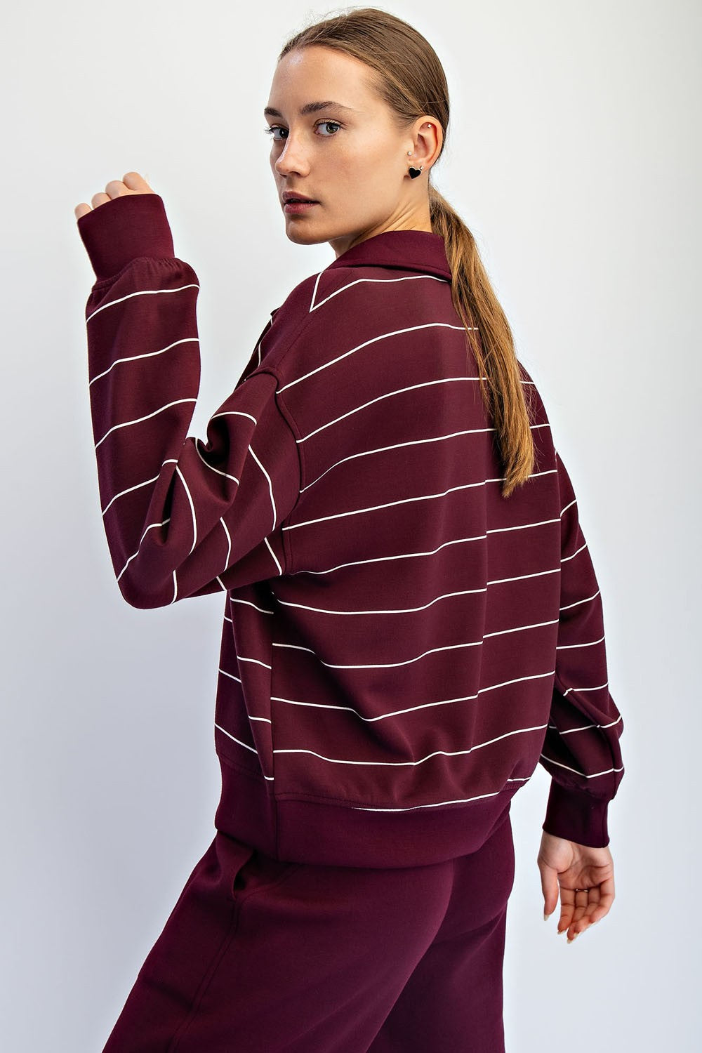 Modal Scuba Stripe Polo Sweatshirt (Dark Cherry/Cream or Regency Green/Cream Stripe)