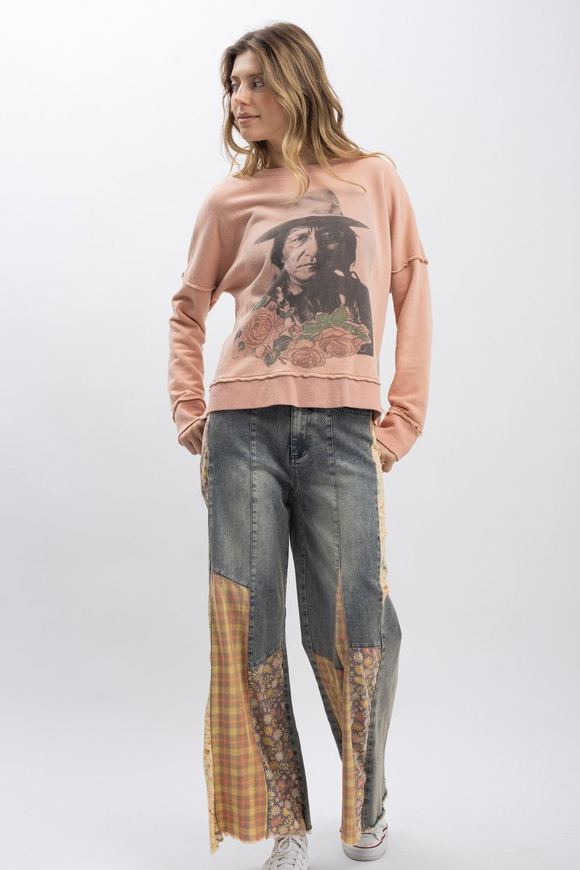 Sitting Bull Print Long Sleeve Pullover