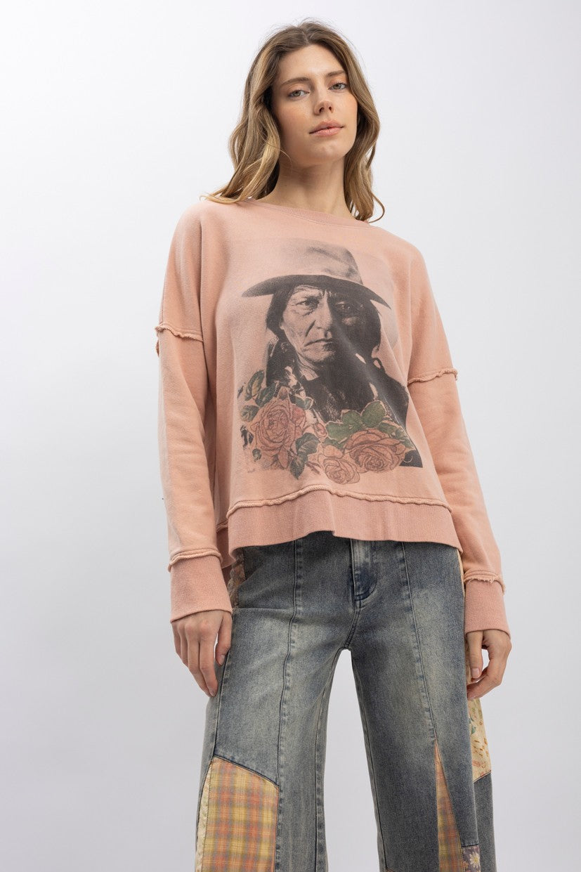 Sitting Bull Print Long Sleeve Pullover