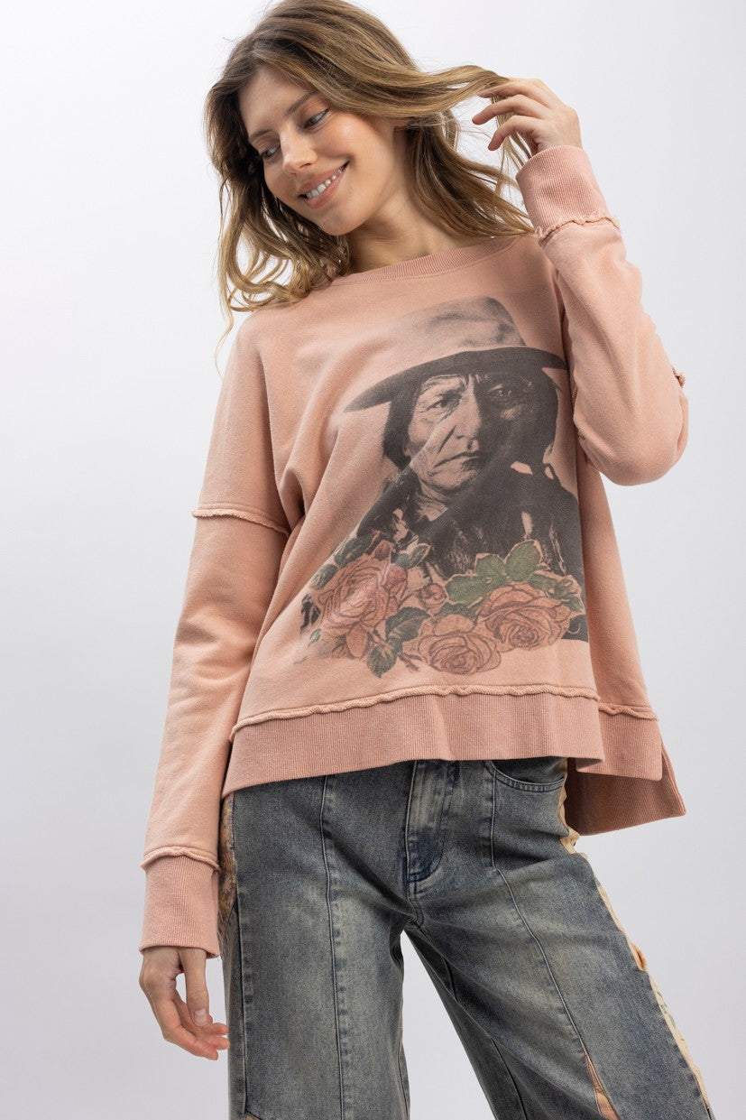 Sitting Bull Print Long Sleeve Pullover