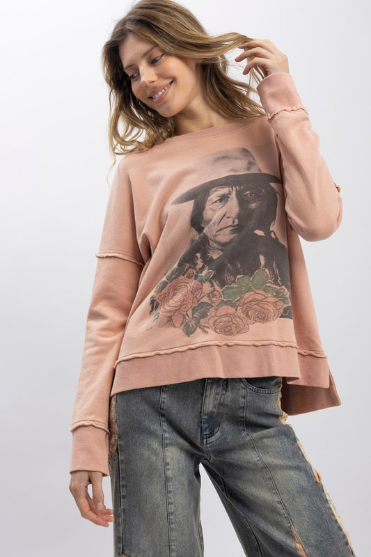 Sitting Bull Print Long Sleeve Pullover