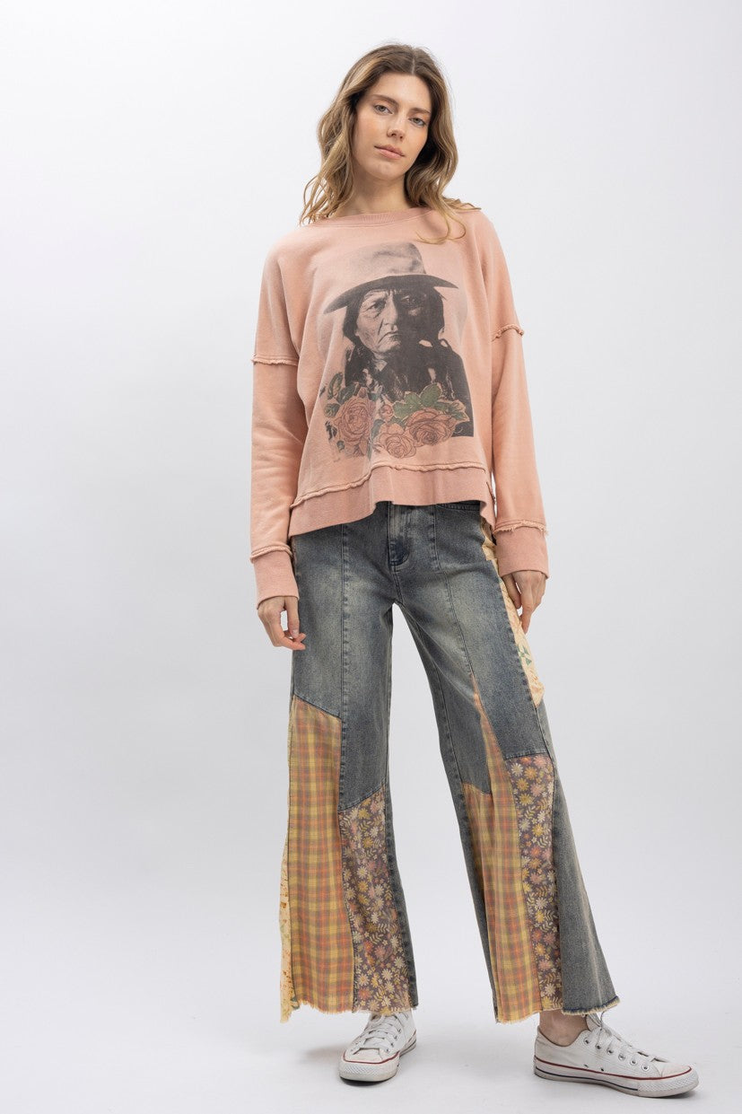 Sitting Bull Print Long Sleeve Pullover