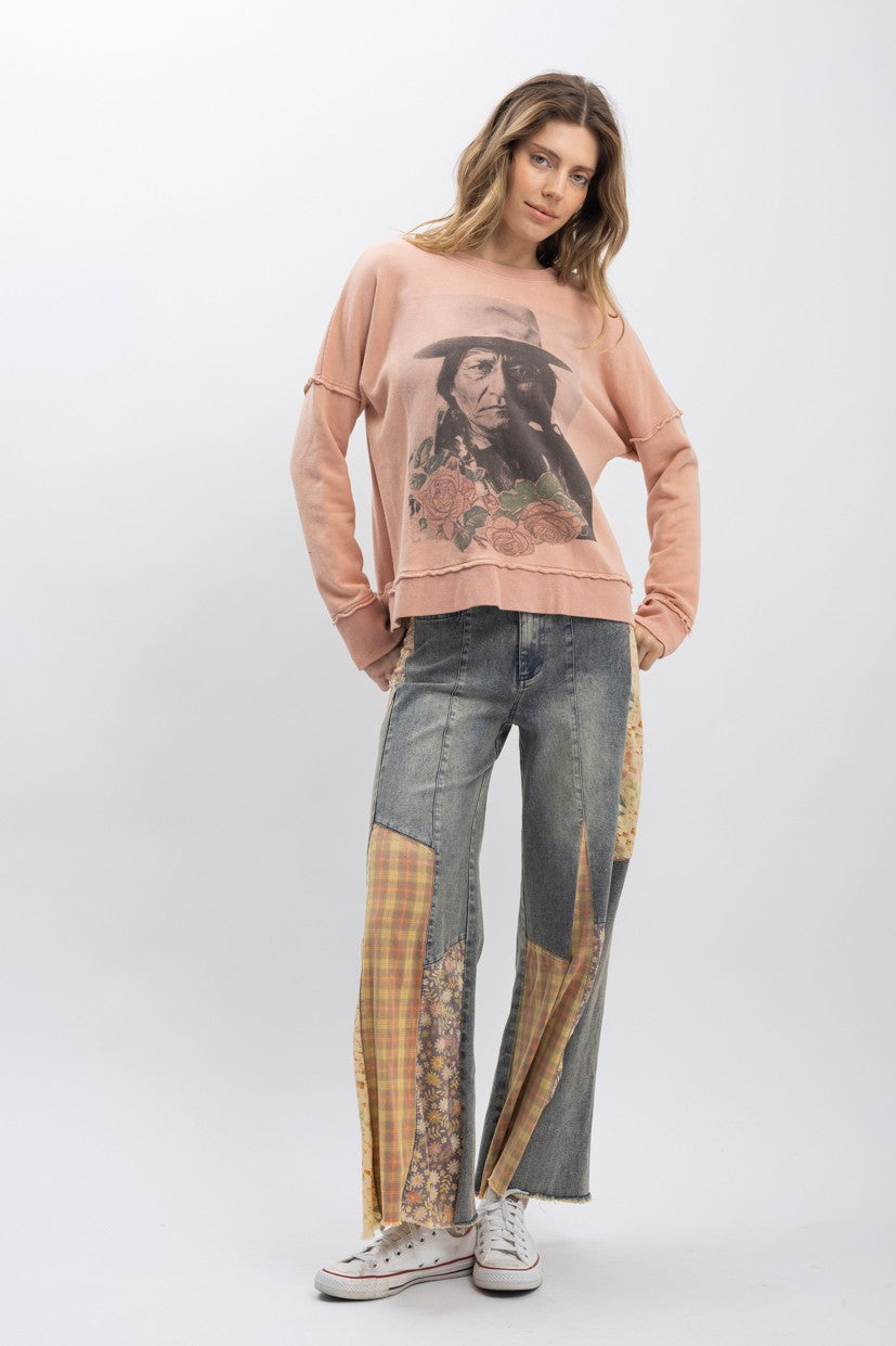 Sitting Bull Print Long Sleeve Pullover
