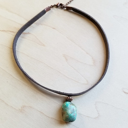 Vegan Leather Choker with Genuine Natural Turquoise Accent 242z
