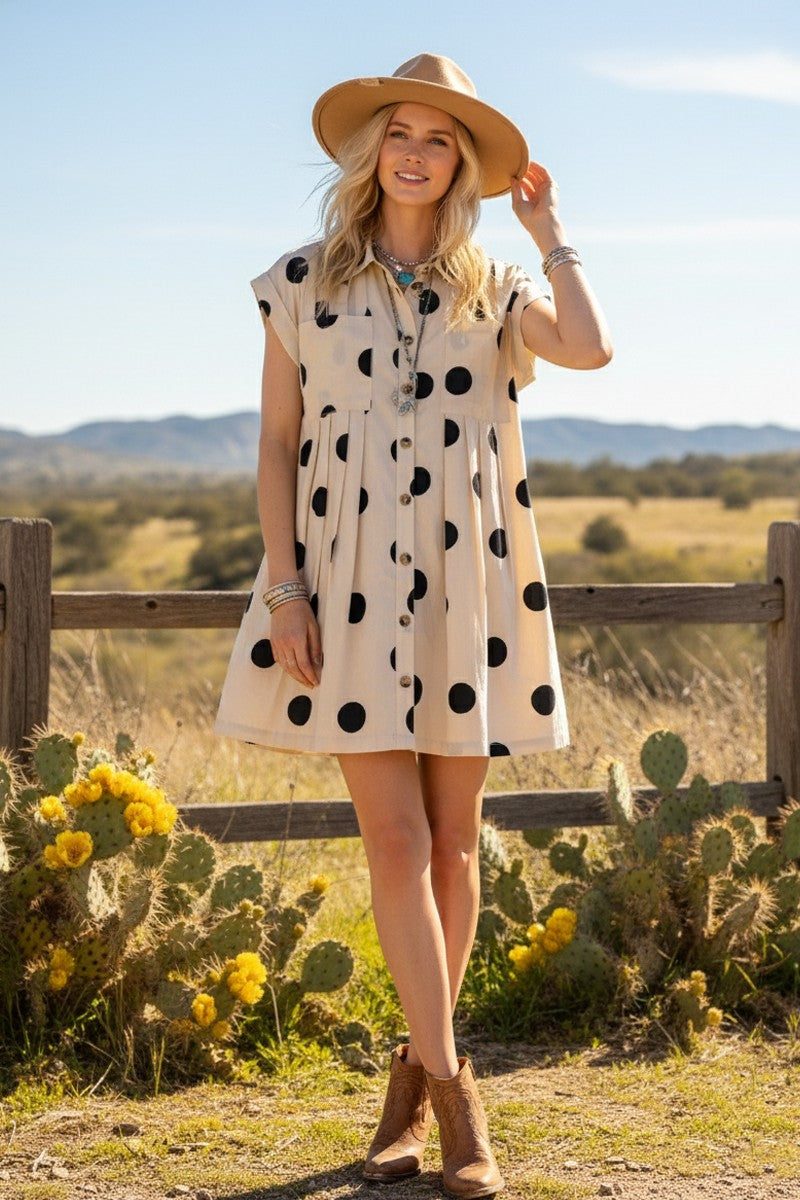 Polka Dot Button Down Pleated Poplin Mini Dress
