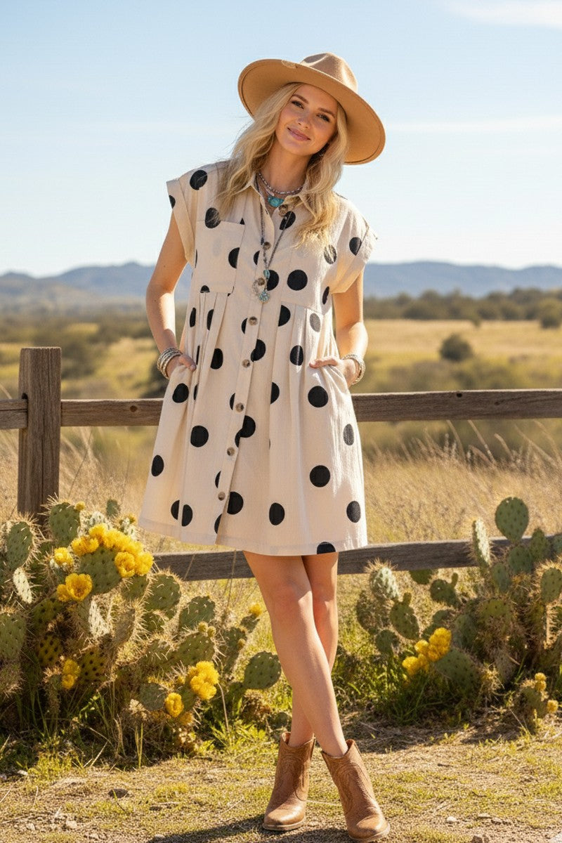 Polka Dot Button Down Pleated Poplin Mini Dress