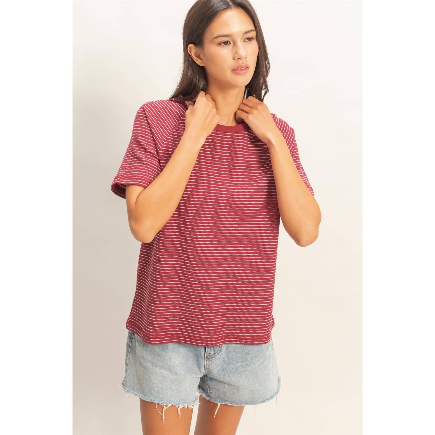 Textured Striped Raglan Sleeve Tee