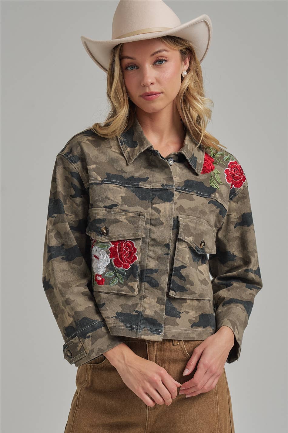 CAMOUFLAGE JACKET WITH FLORAL EMBROIDERY