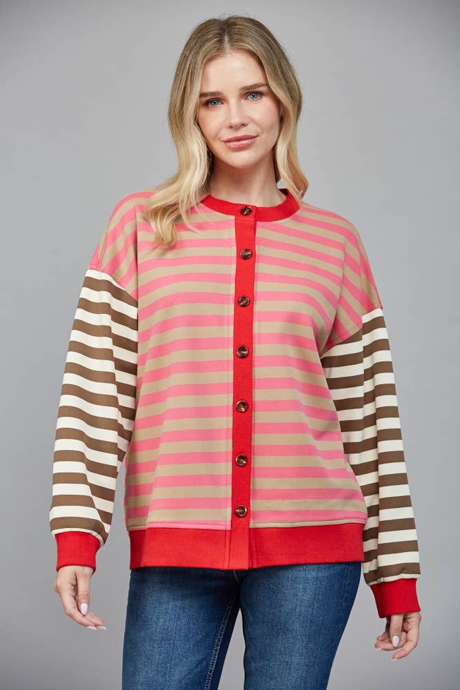 STRIPE COLOR DETAIL FRONT BUTTON CLOSURE CARDIGAN