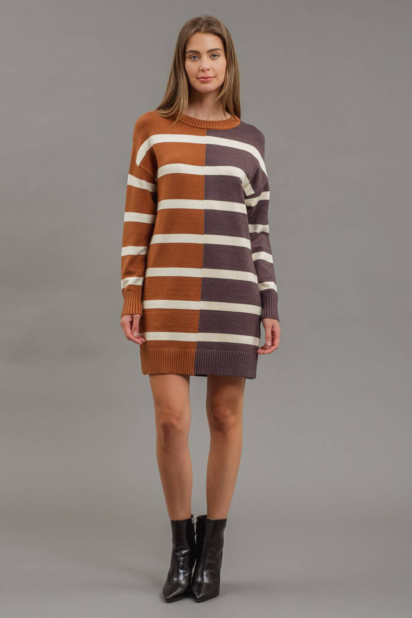 STRIPE COLORBLOCK LONG SLEEVE MINI SWEATER DRESS