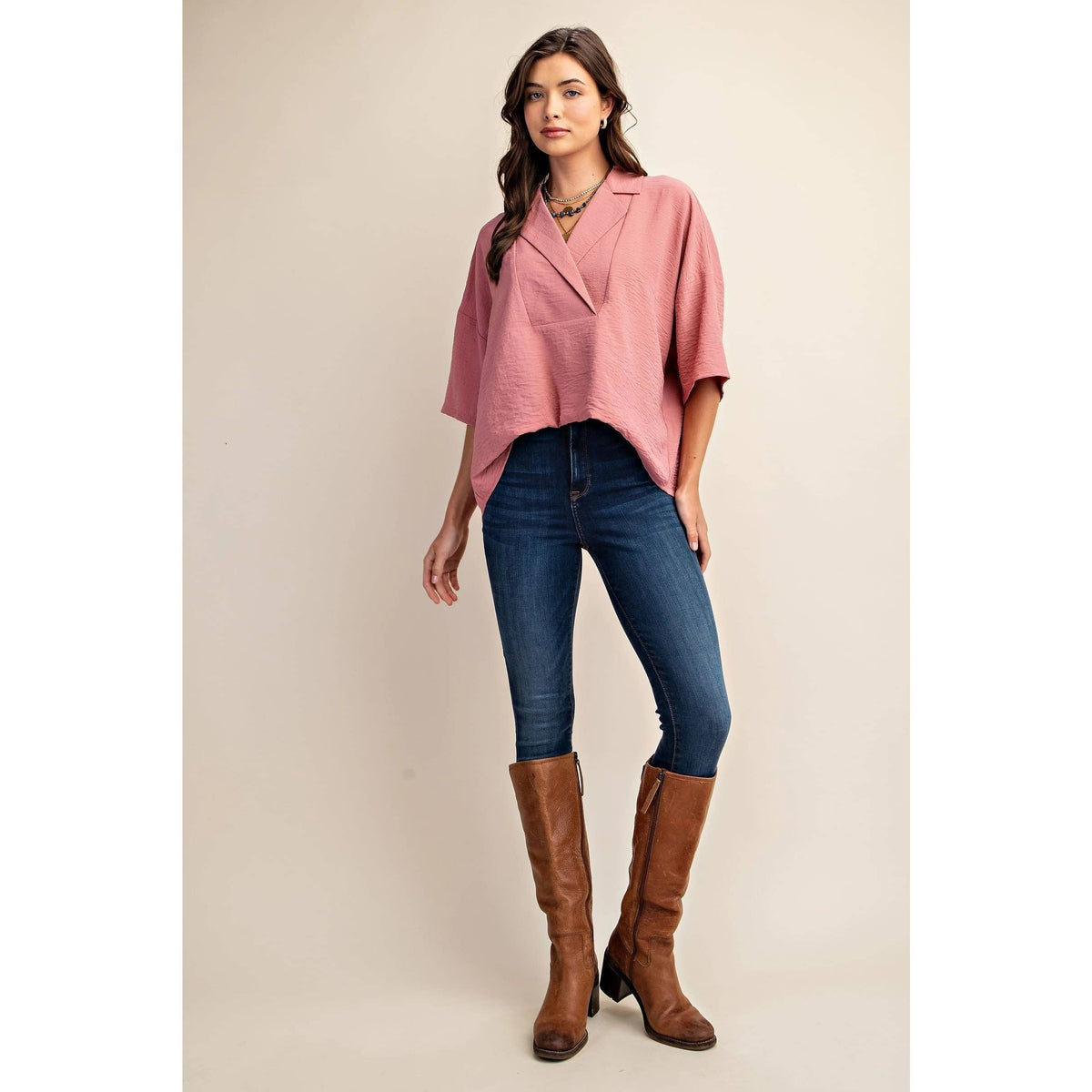V-Neck Collared Pop Over Top-Teal or Dusty Pink