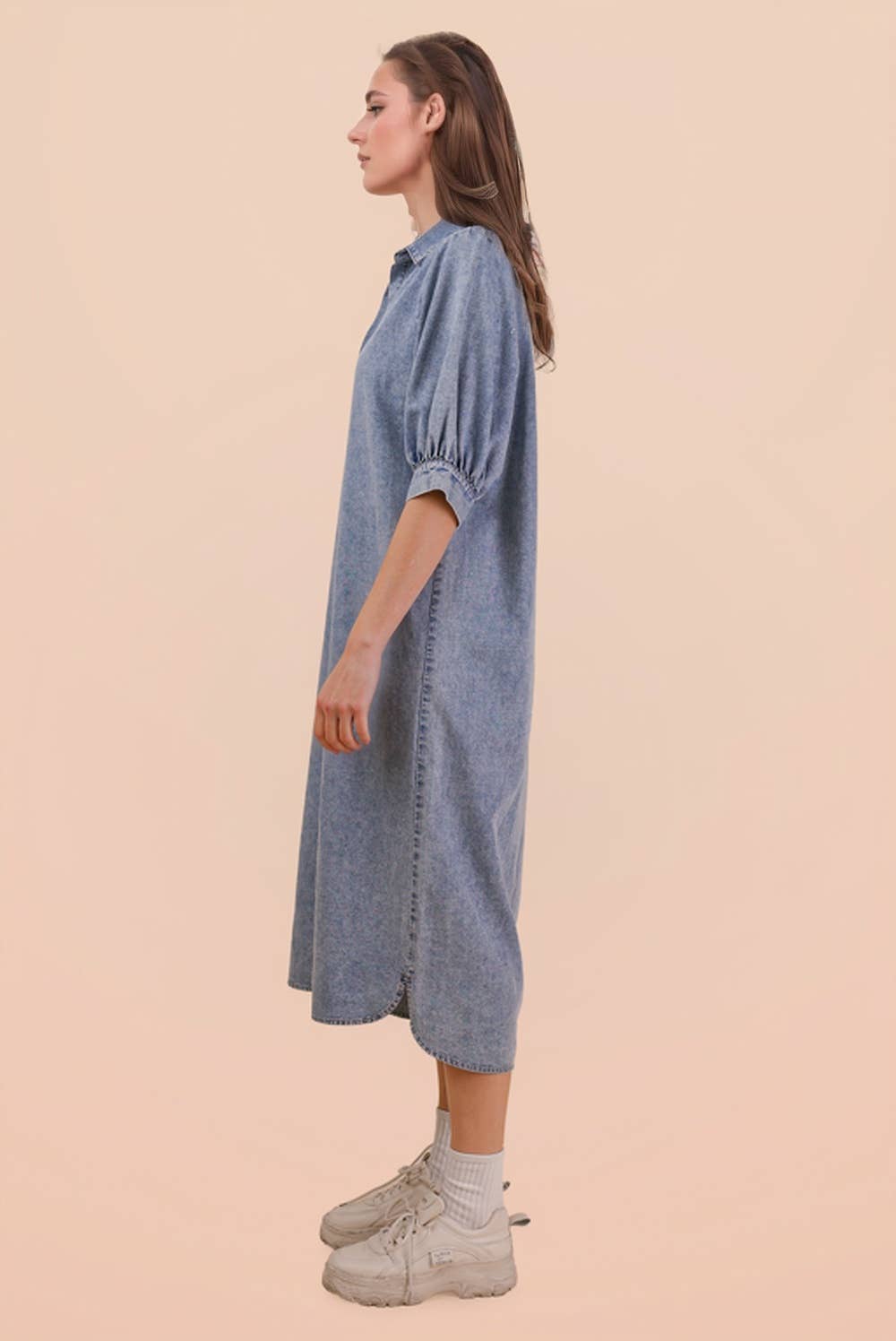 Washed Denim Casual Shirt Midi Dress