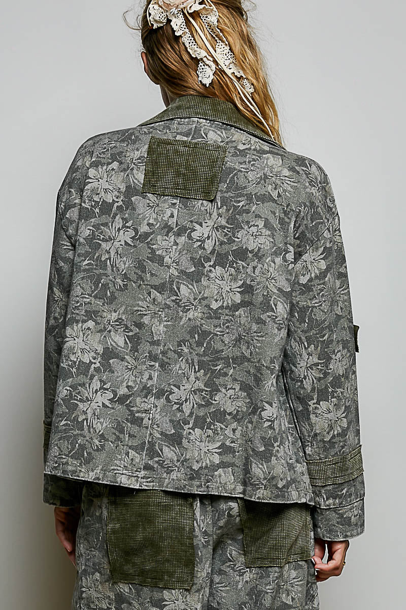 Vintage Wash Thermal Patch Floral Embroidery Jacket Top