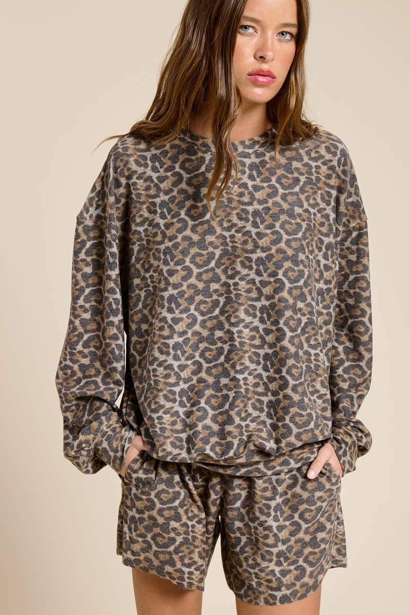 RELAXED FRENCH TERRY L/S TEE WITH PUFFED SLEEVES (Camo or Leopard)