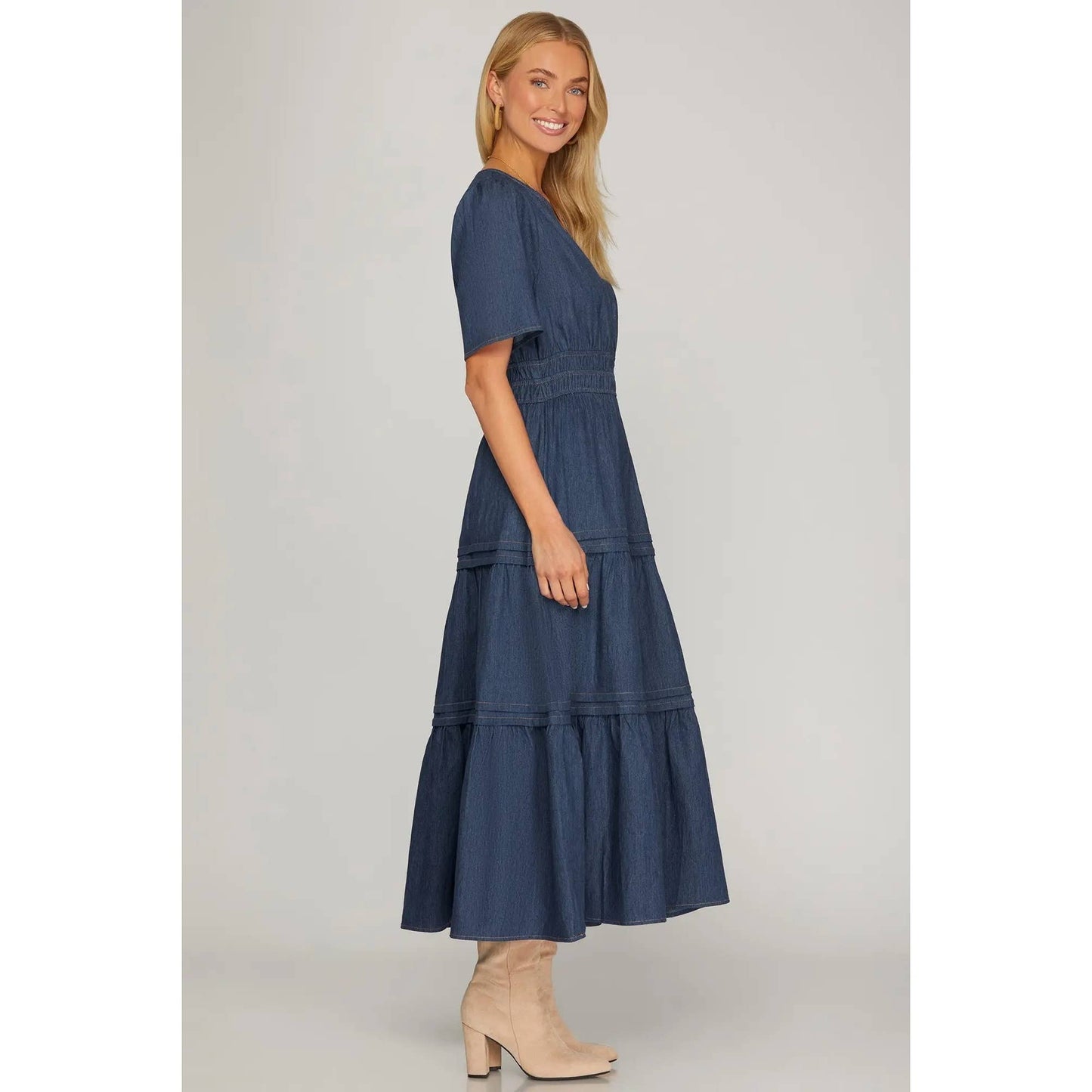 DENIM V NECK TIERED MIDI DRESS