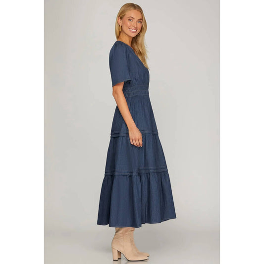 DENIM V NECK TIERED MIDI DRESS