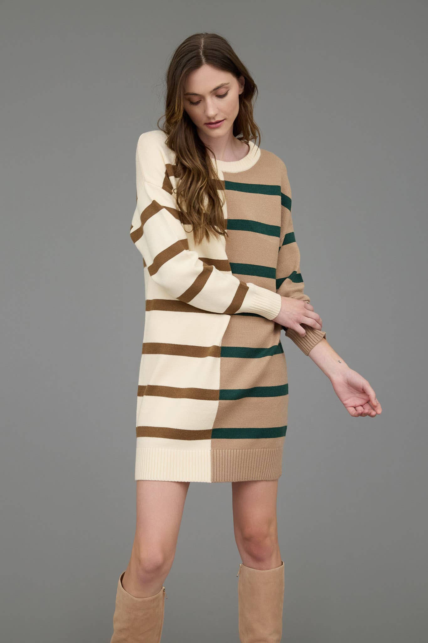 STRIPE COLORBLOCK LONG SLEEVE MINI SWEATER DRESS