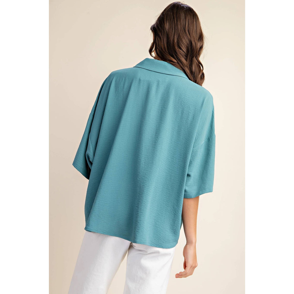 V-Neck Collared Pop Over Top-Teal or Dusty Pink