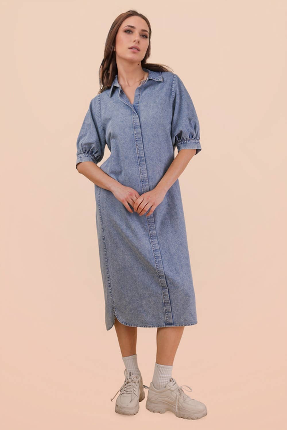 Washed Denim Casual Shirt Midi Dress