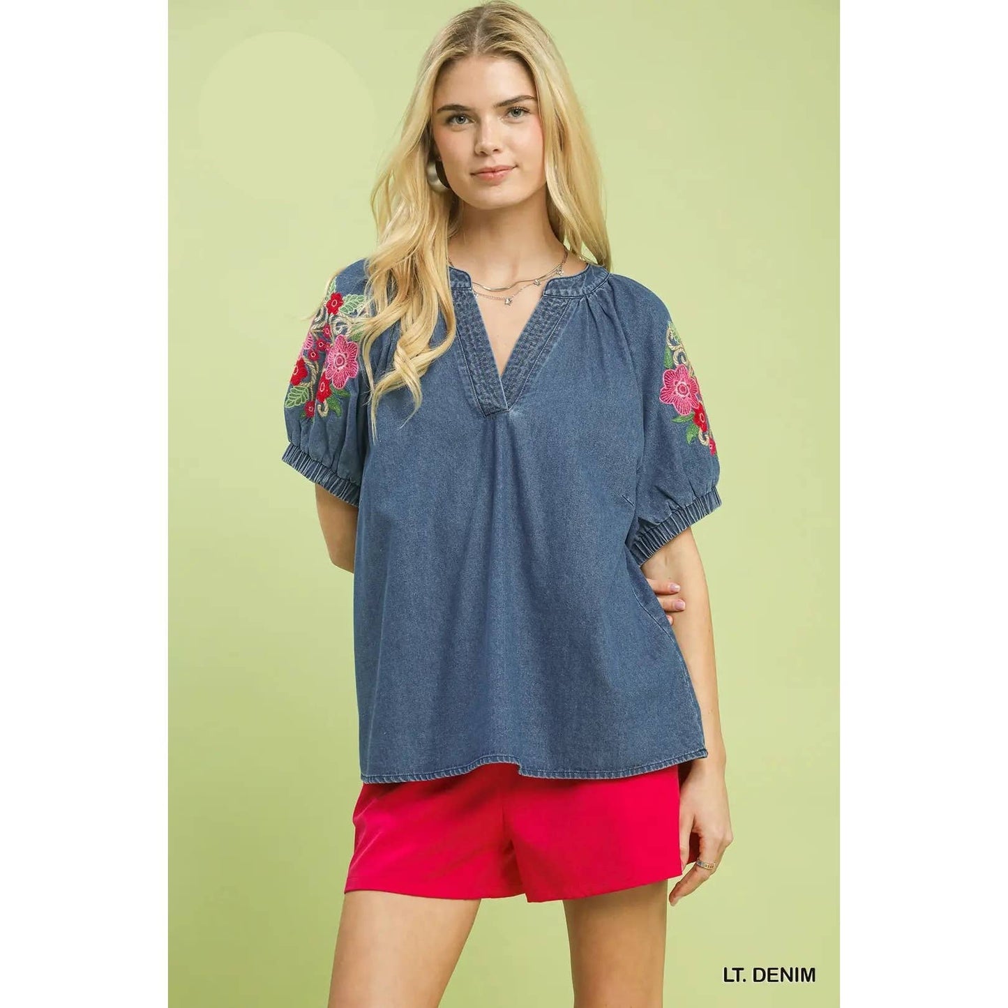 Denim Embroidered Puff Sleeve Boho Top