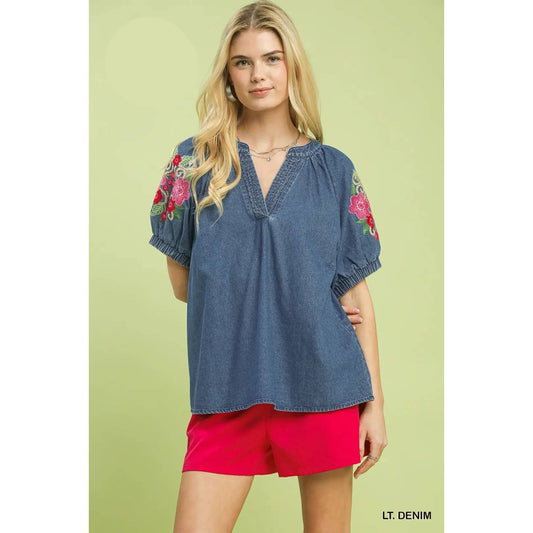 Denim Embroidered Puff Sleeve Boho Top