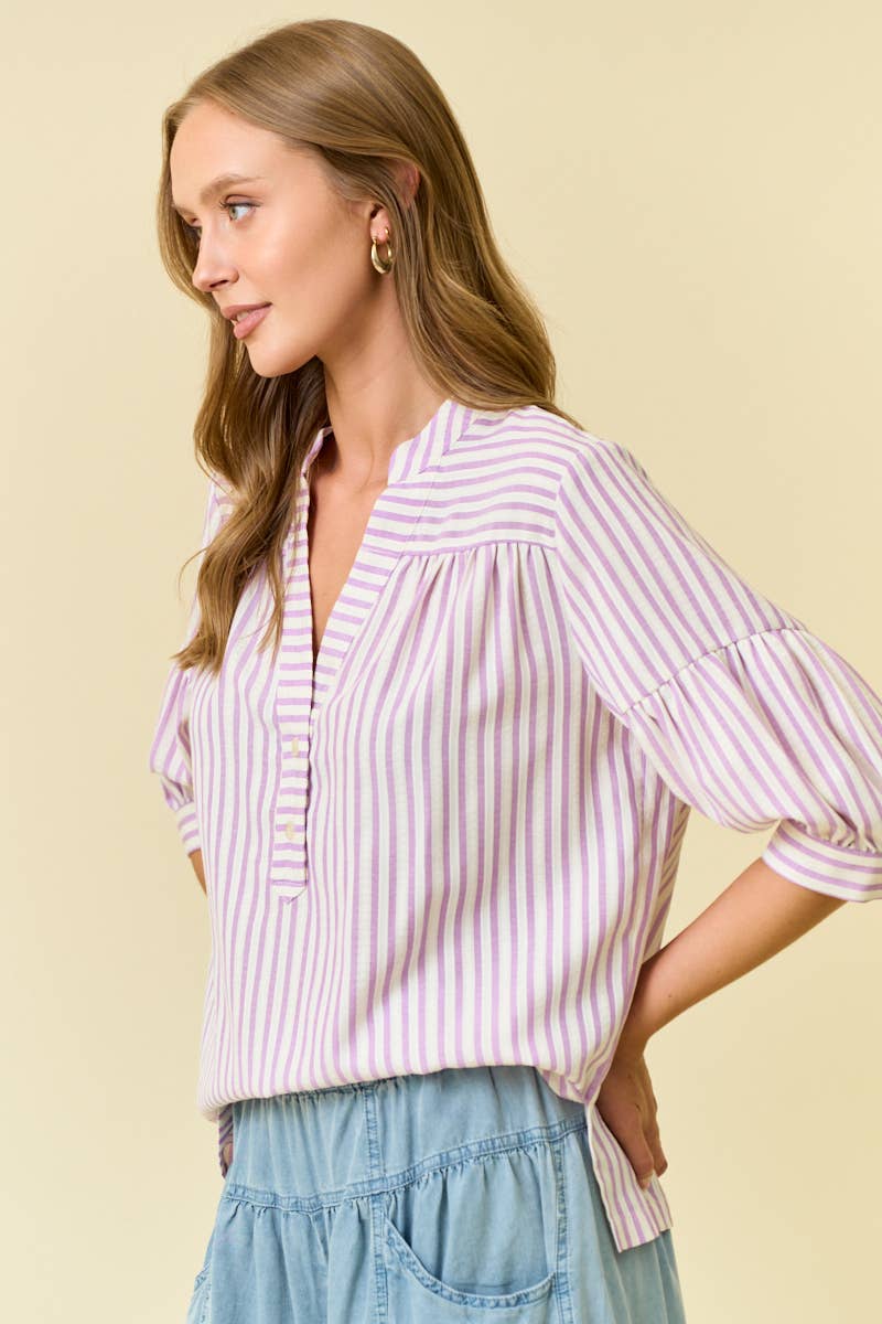 LAVENDER STRIPED PUFF SLEEVE PULLOVER TOP