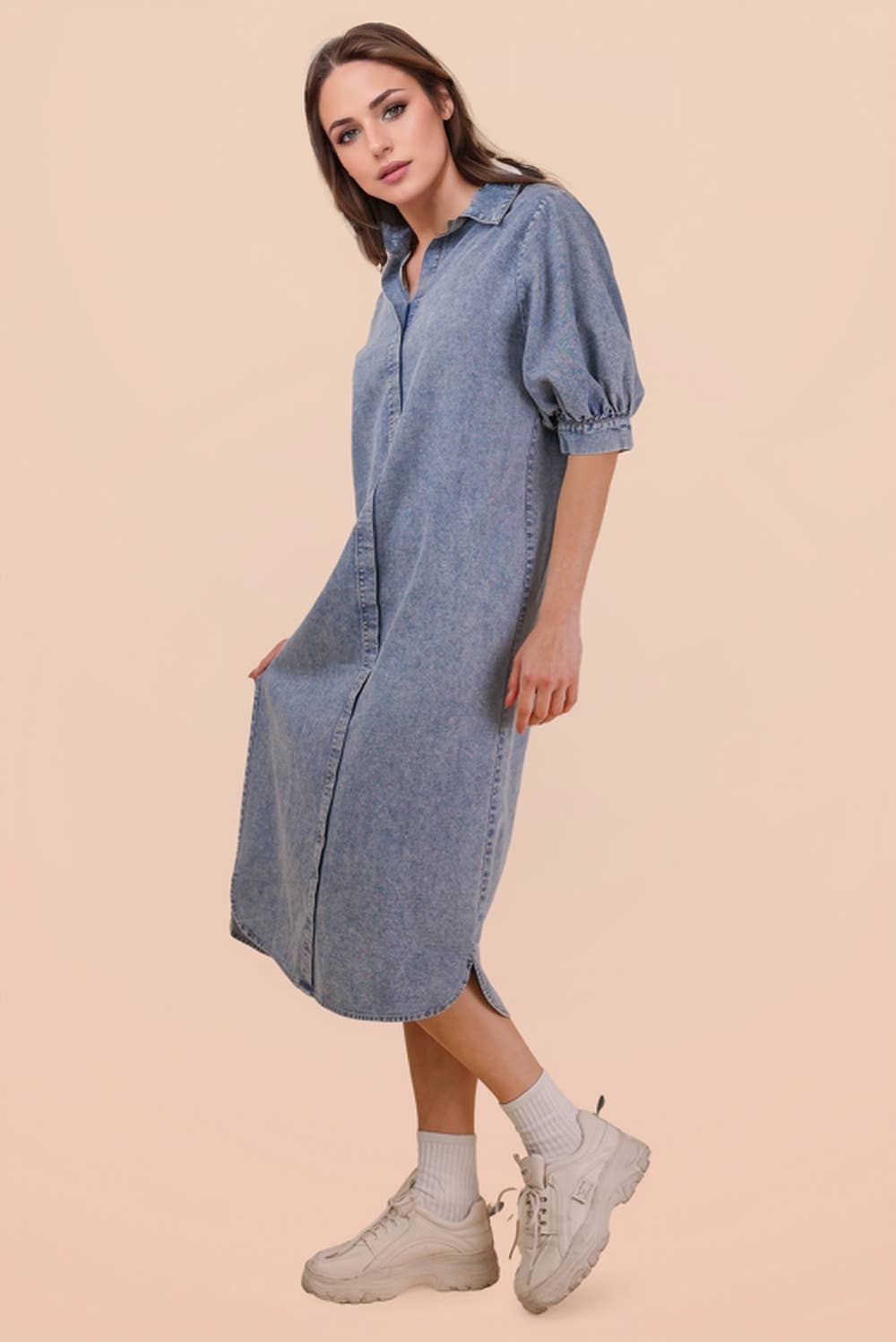 Washed Denim Casual Shirt Midi Dress