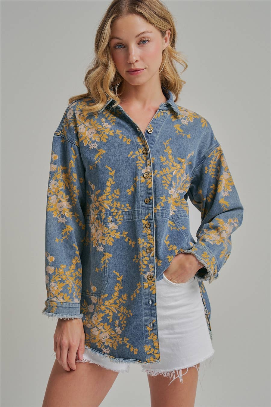 FLORAL DENIM RELAXED SHIRT TOP WITH POCKETS