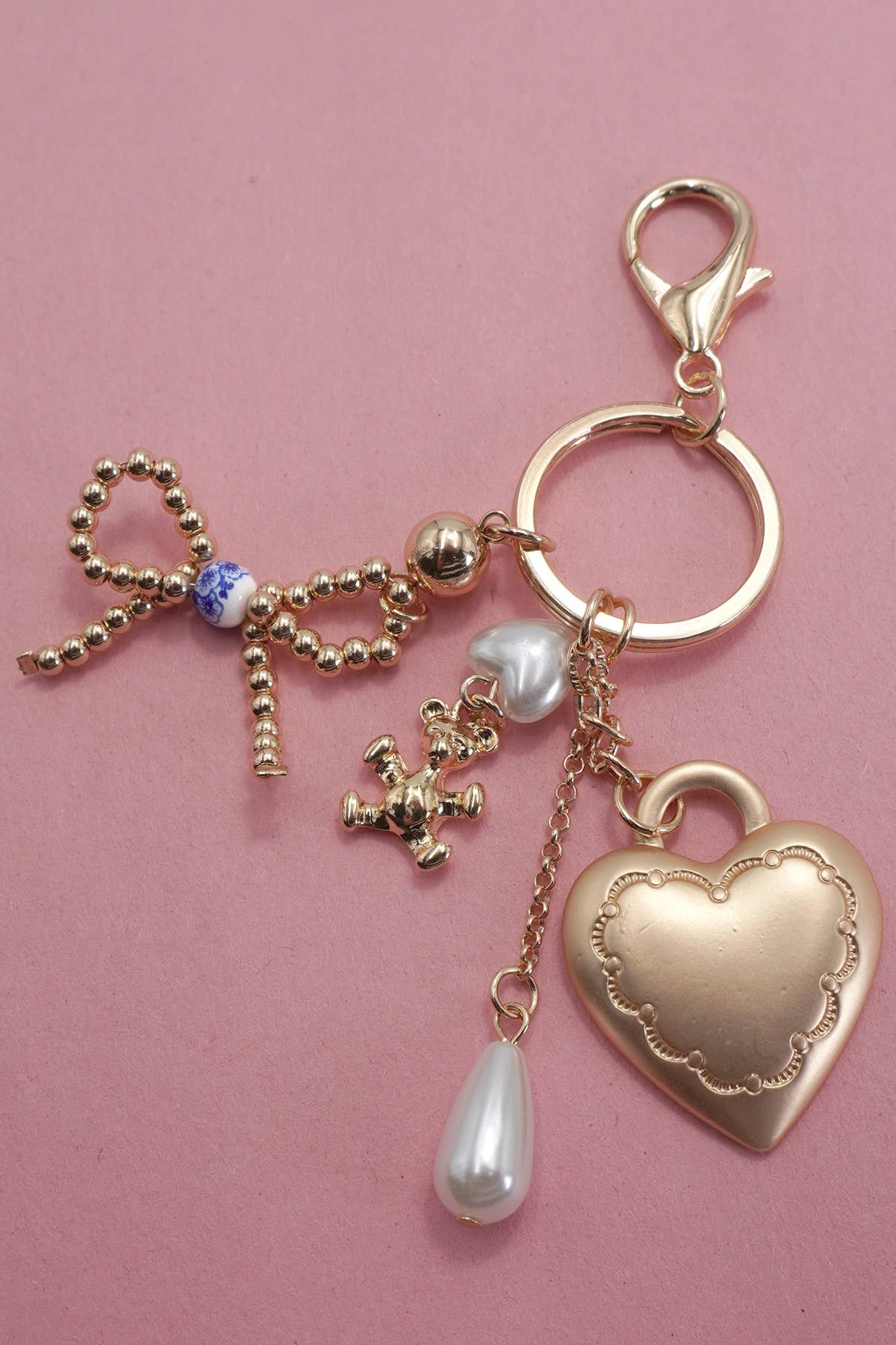 PORCELAIN BOW HEART TEDDY BEAR PEARL BAG CHARM |