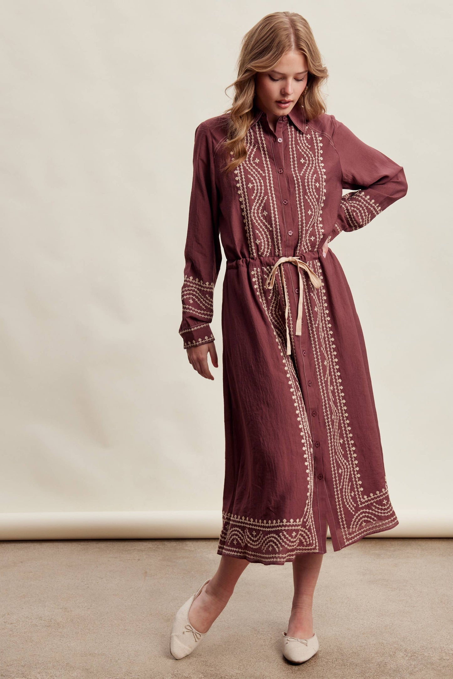 Embroidered Button Front Midi
