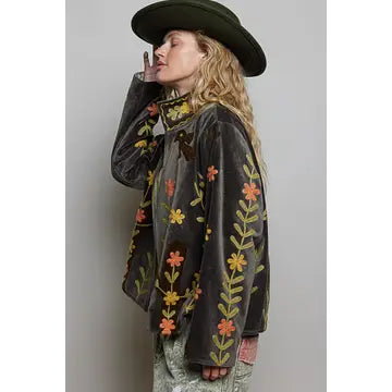 Vine Embroidery Floral Open-Front Closure Velvet Jacket