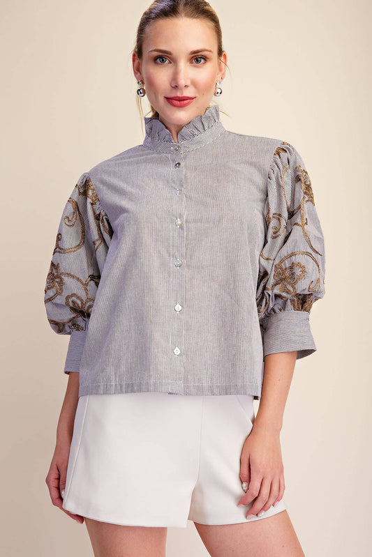 Ruffle Neck Embroidery Puff Sleeve Blouse