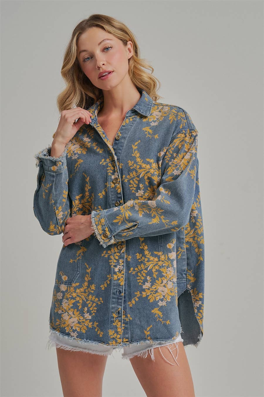 FLORAL DENIM RELAXED SHIRT TOP WITH POCKETS