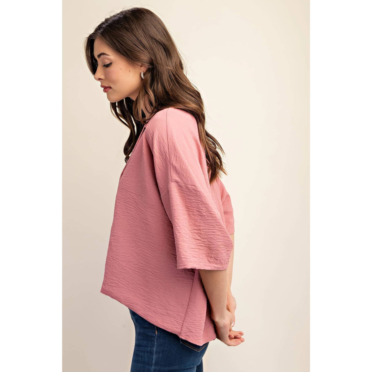 V-Neck Collared Pop Over Top-Teal or Dusty Pink