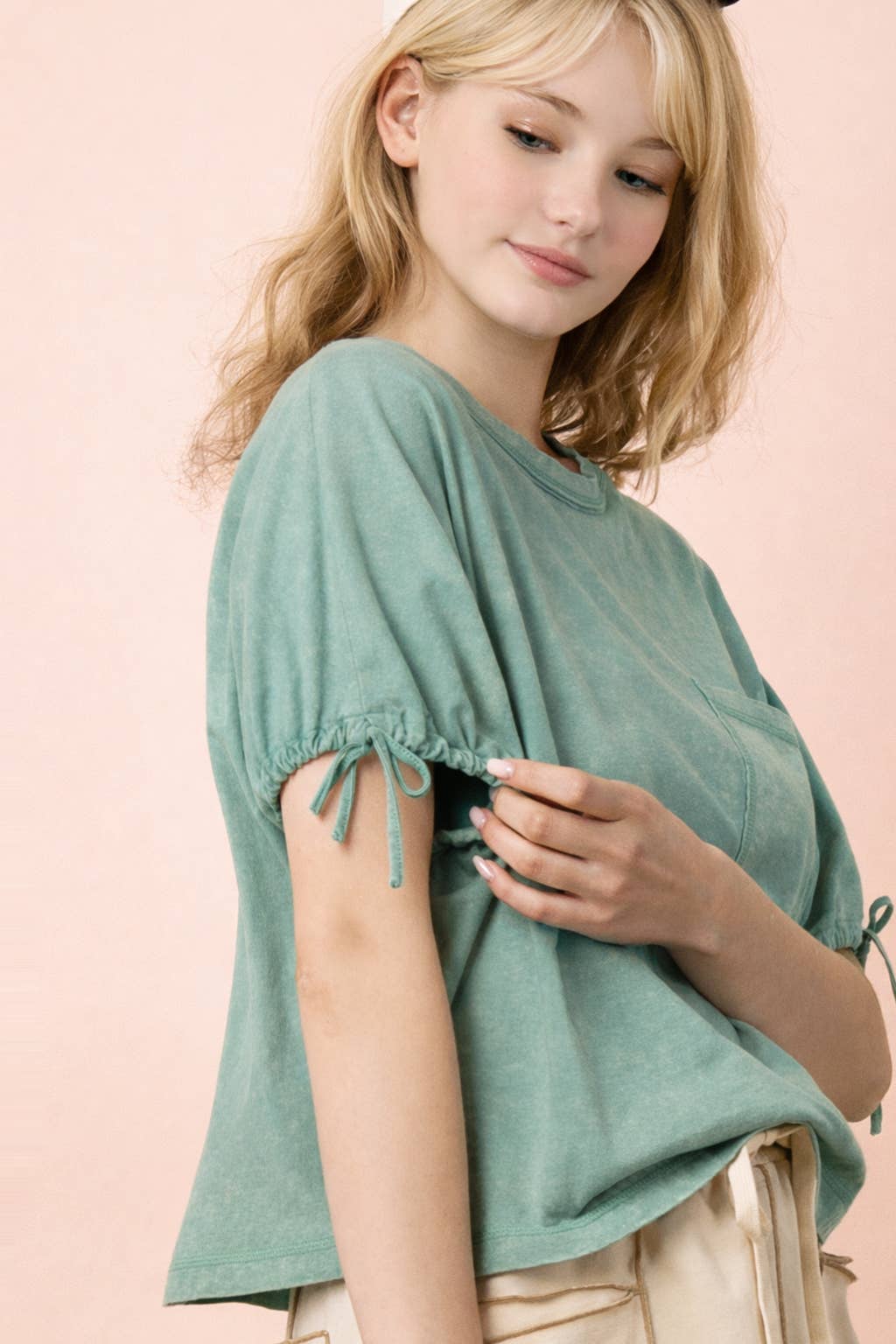 Mineral Washed Sleeve Tie Detail Knit Top