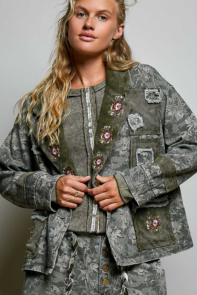 Vintage Wash Thermal Patch Floral Embroidery Jacket Top