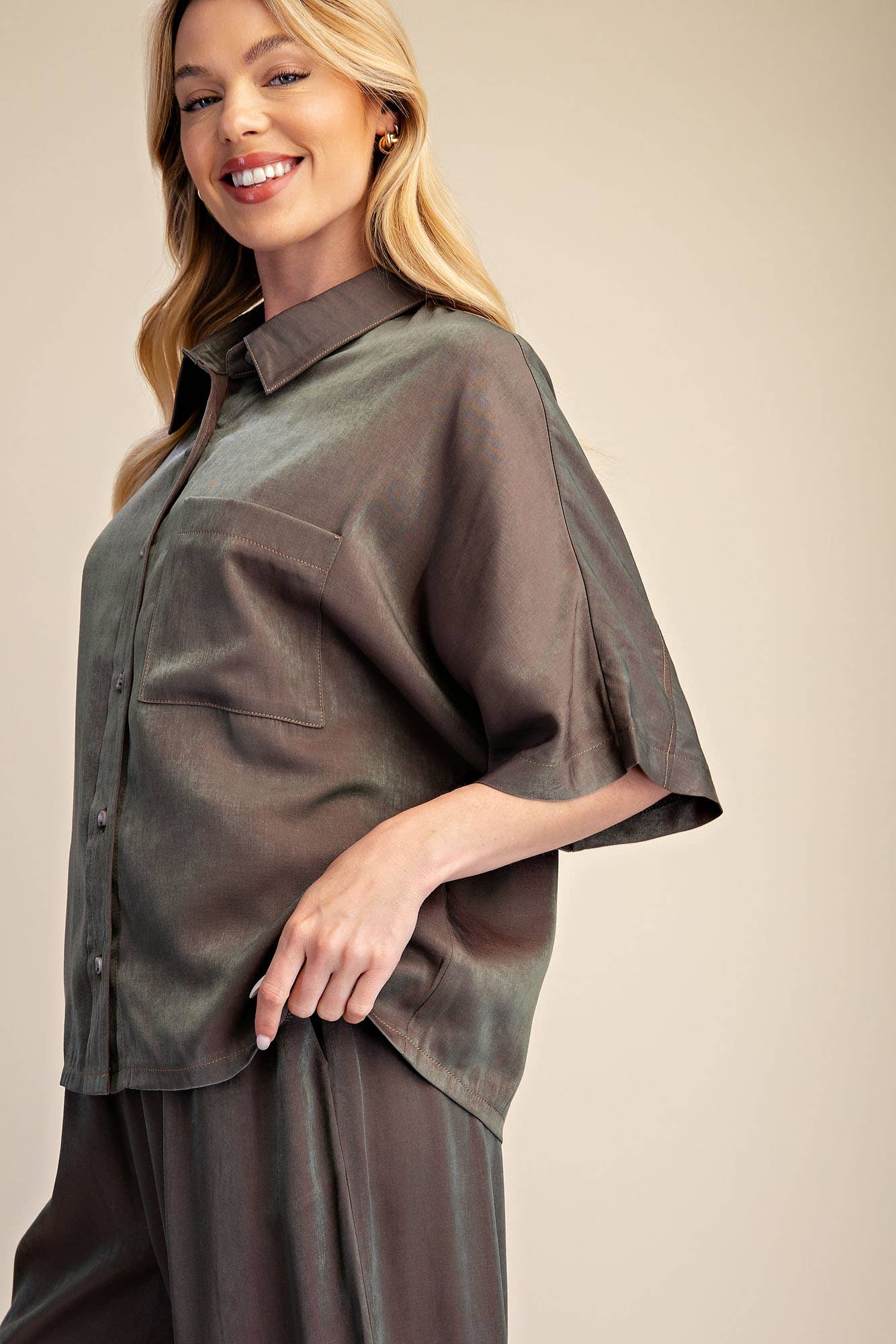 Button Down Flowy Shirt With Dolman Sleeve & Drawstring Wide Leg Pants Set