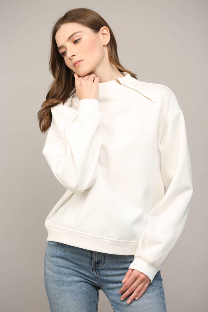ZIPPER TRIMMED ROUND NECK SWEATSHIRT