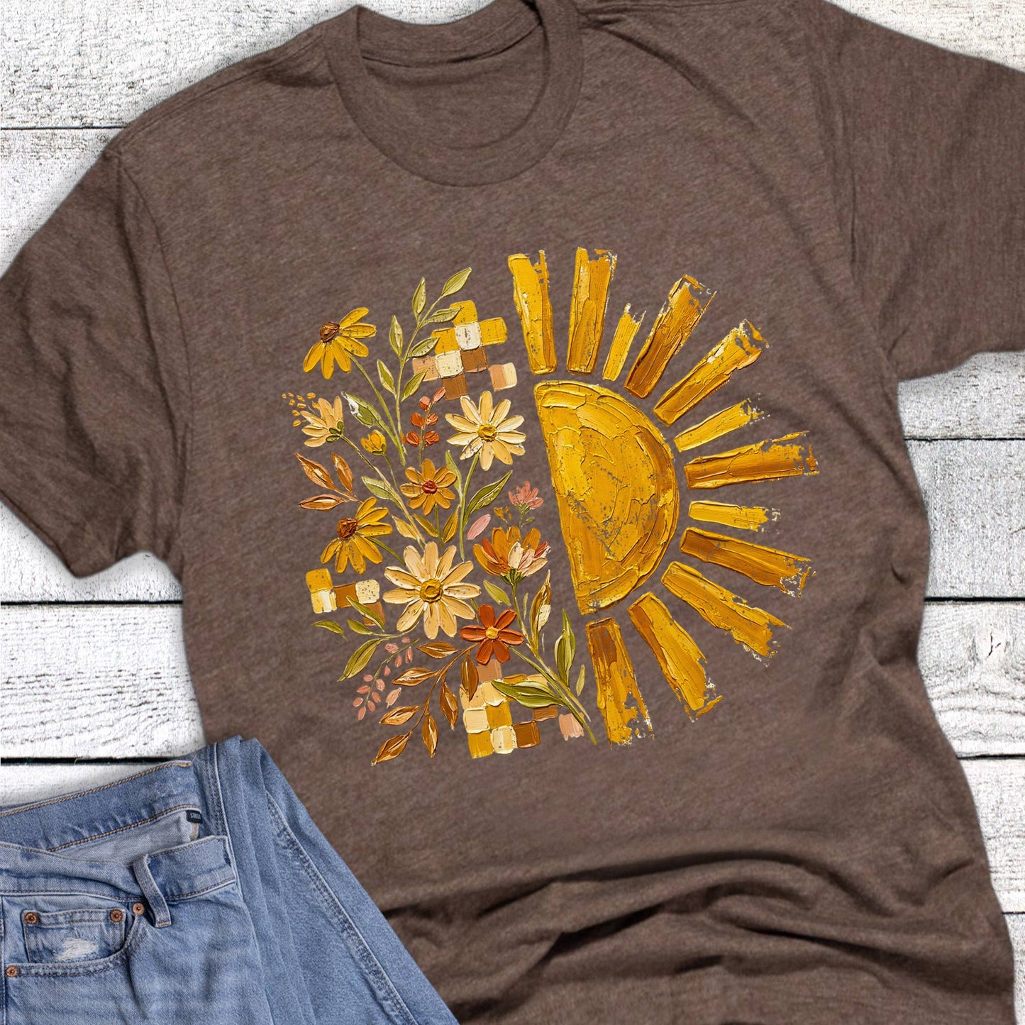 Boho Sun Floral Check Fall Graphic Tee