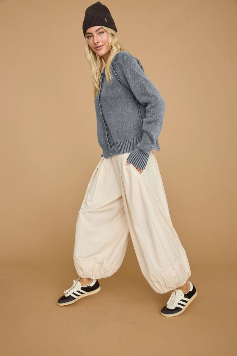Washed Exposed Seam Button Front Knit Cardigan