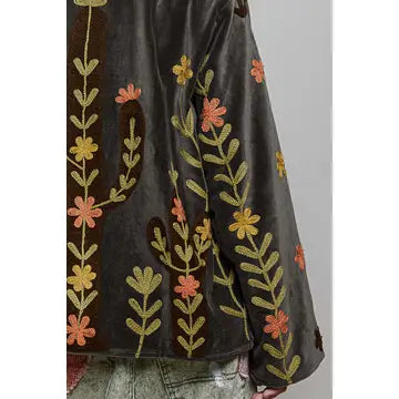 Vine Embroidery Floral Open-Front Closure Velvet Jacket