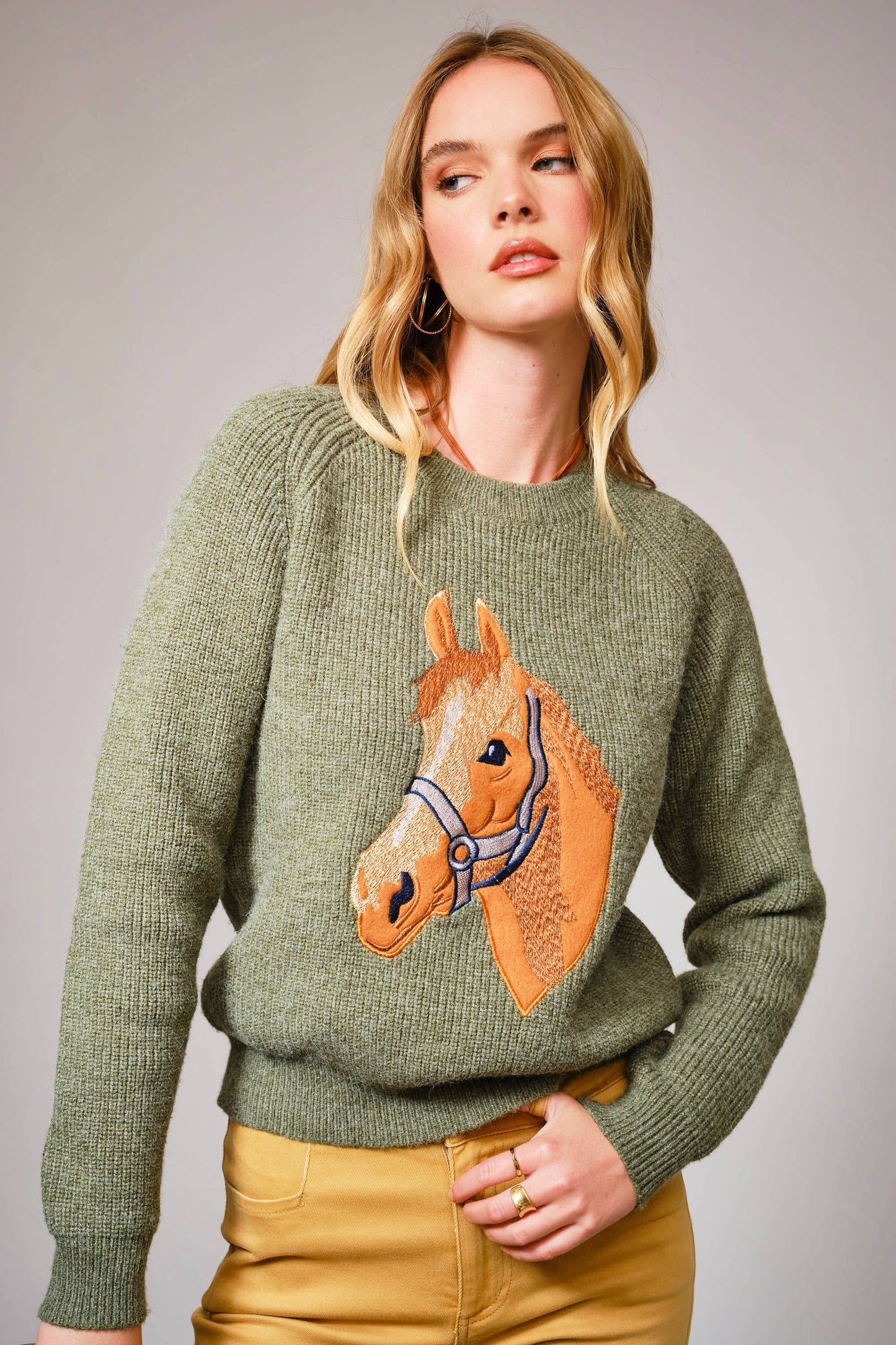 Horse Embroidery Knit Pullover Sweater