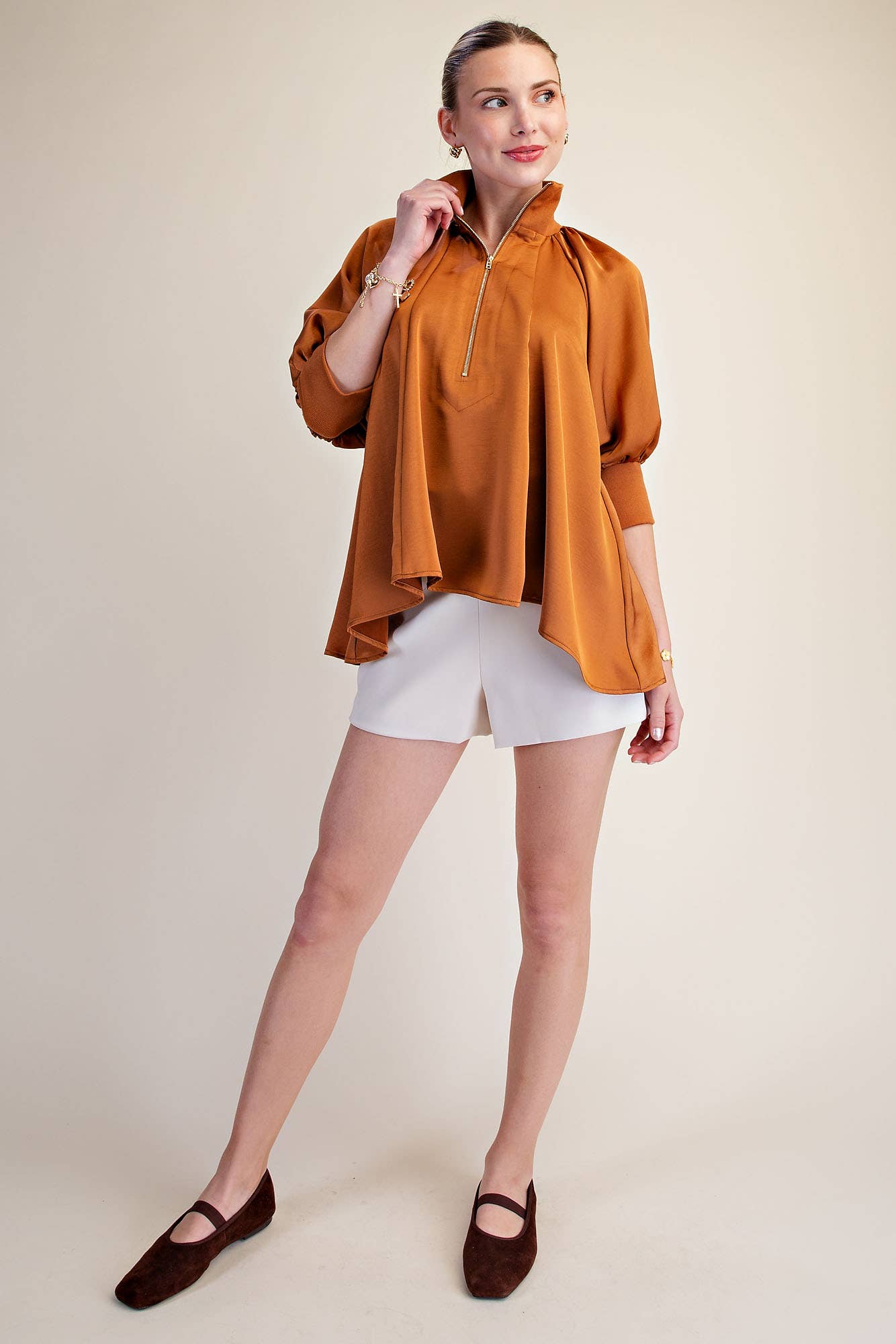 Mock Neck Band Half Zip Puff Elbow Sleeve Blouse