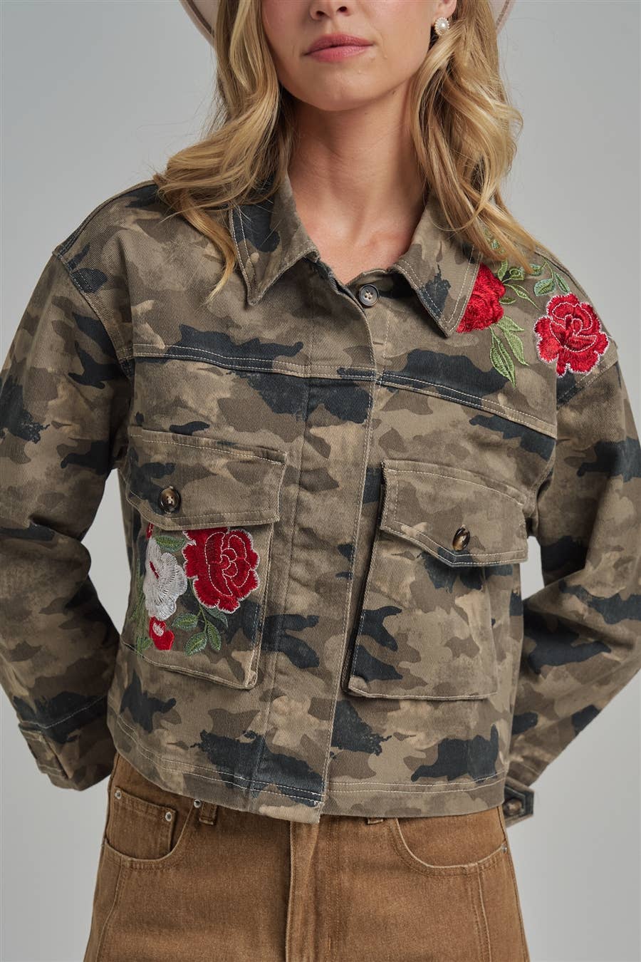 CAMOUFLAGE JACKET WITH FLORAL EMBROIDERY