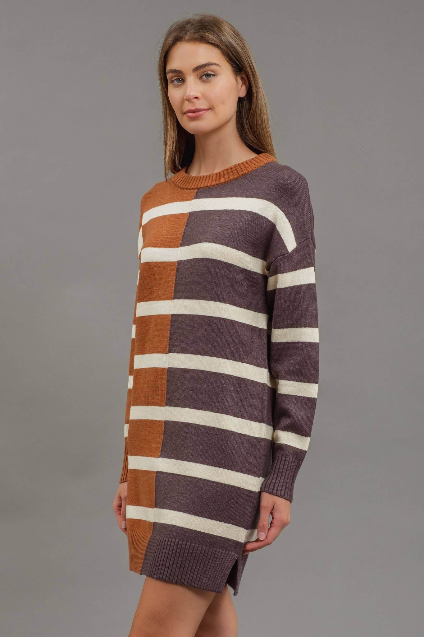 STRIPE COLORBLOCK LONG SLEEVE MINI SWEATER DRESS