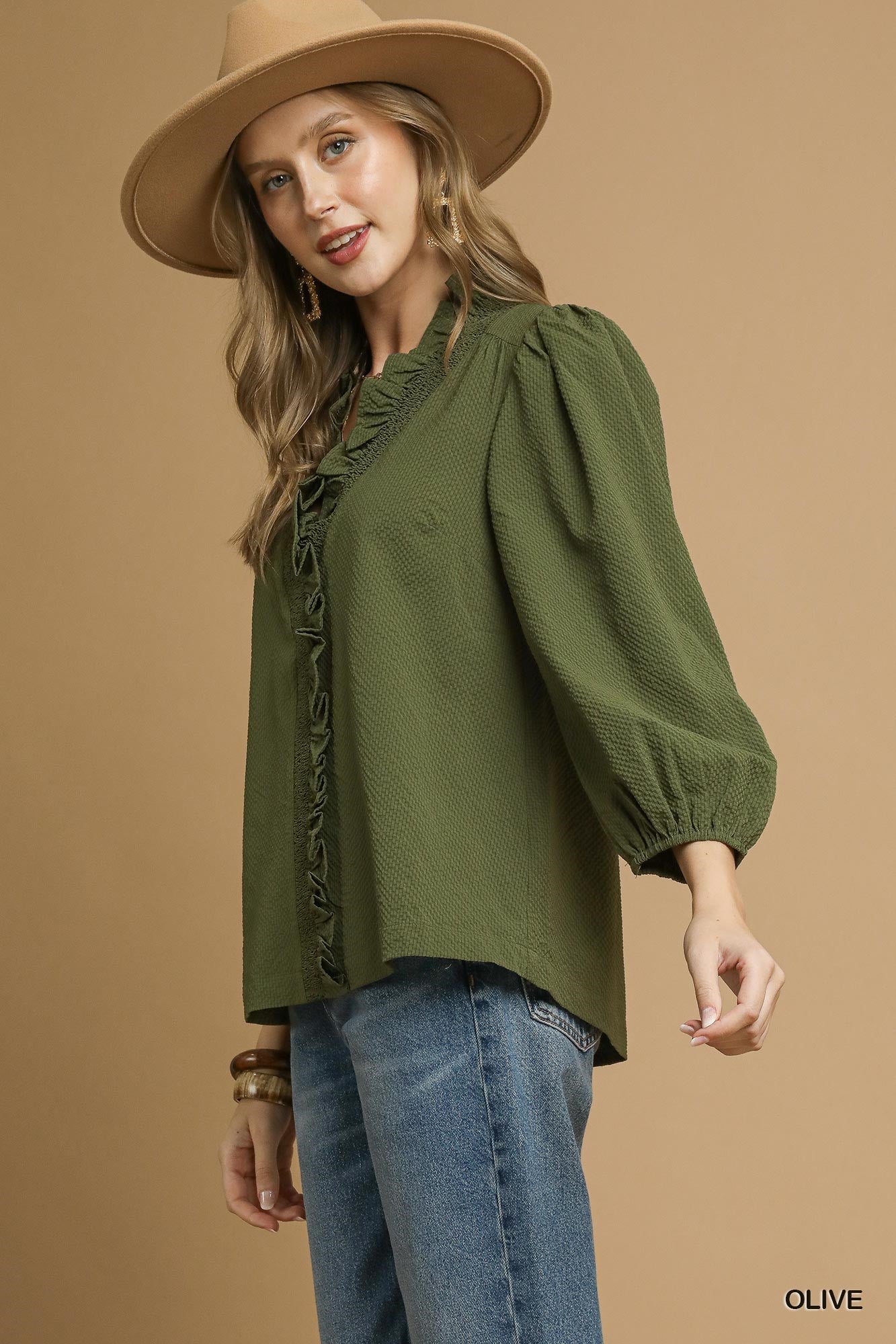 Textured Ruffle Trim Blouse with 3/4 Sleeves (Olive or Midnight)